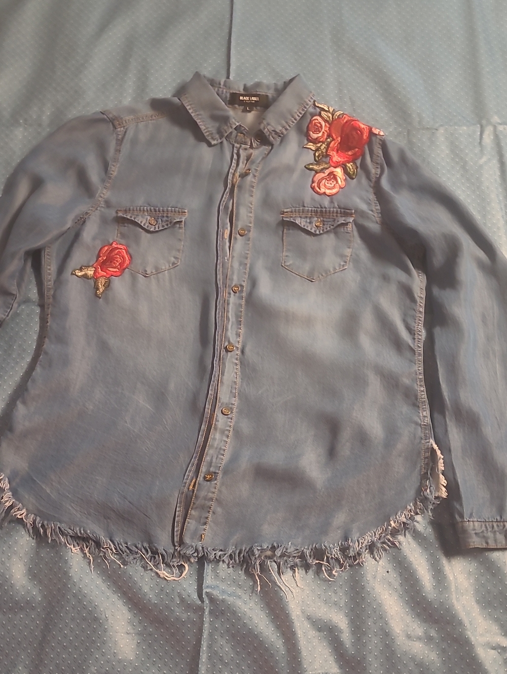 Black Label Light Blue Denim Button-Down Shirt with Red Rose Embroidery